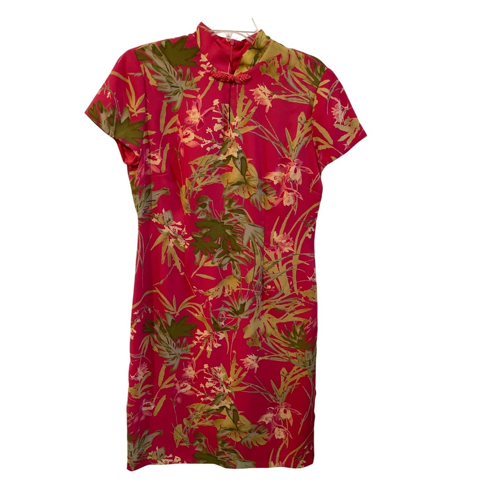 David Warren Petites Asian Inspired Pink Floral Mandarin Collar Sheath Dress 12P